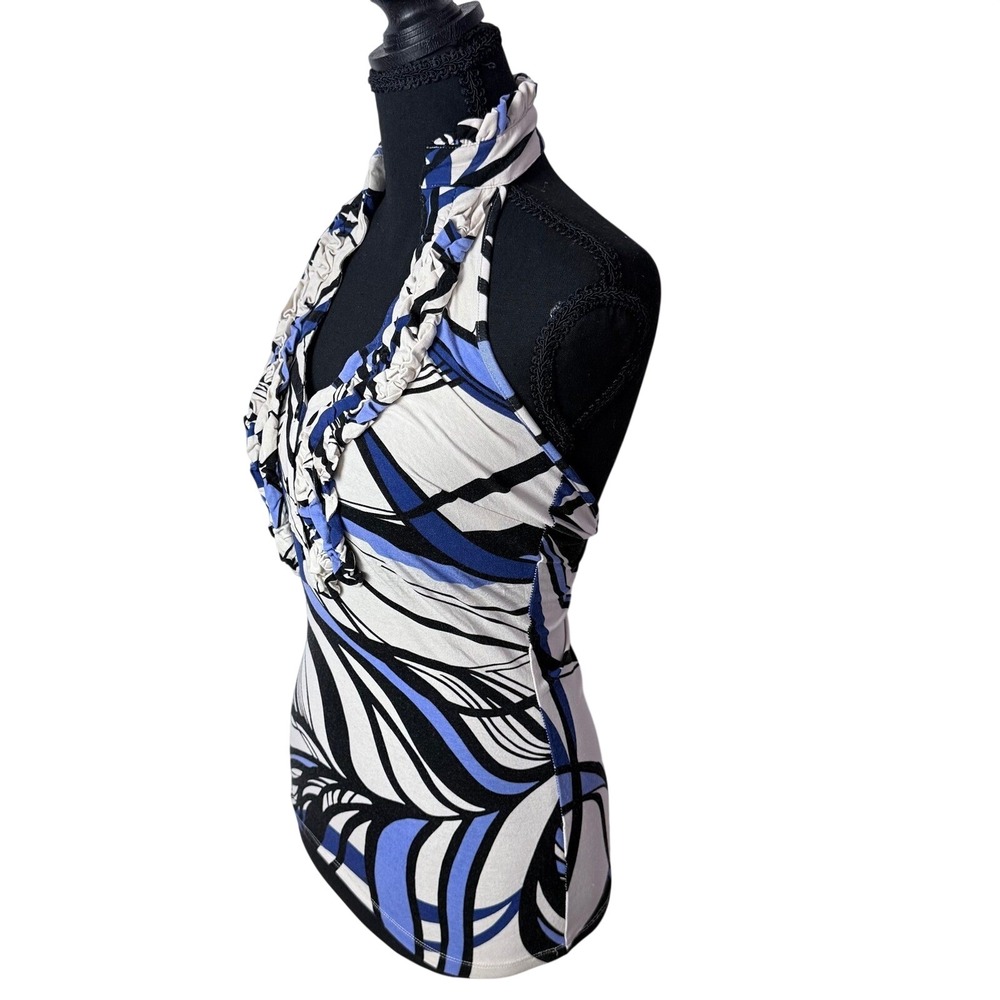 Envy Fashion Halter Top Womens Small Blue Abstract Ruffle Y2K Tropical Y2K